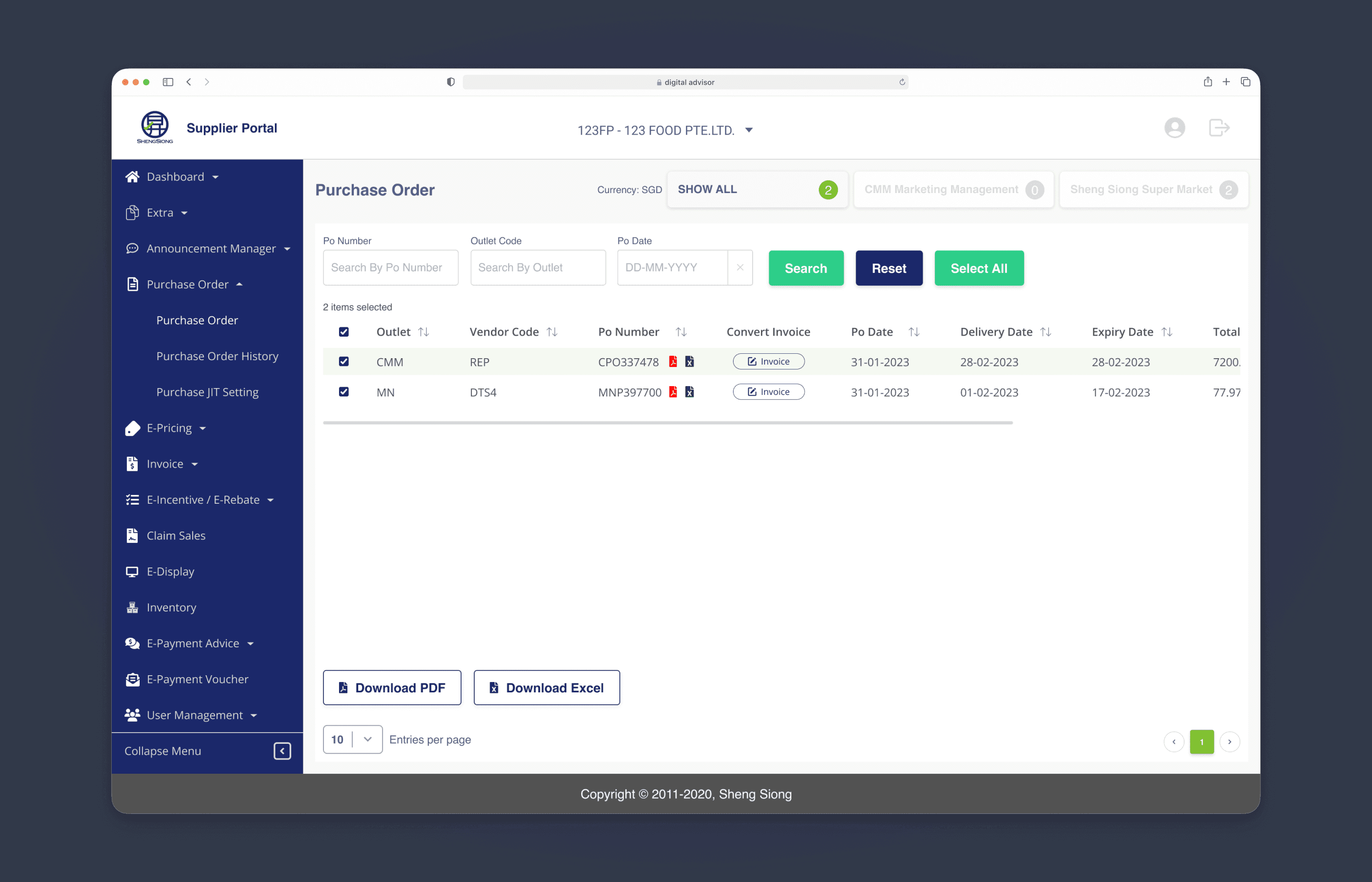 Purchase order list with outlet filtering, PO details, and direct invoice conversion