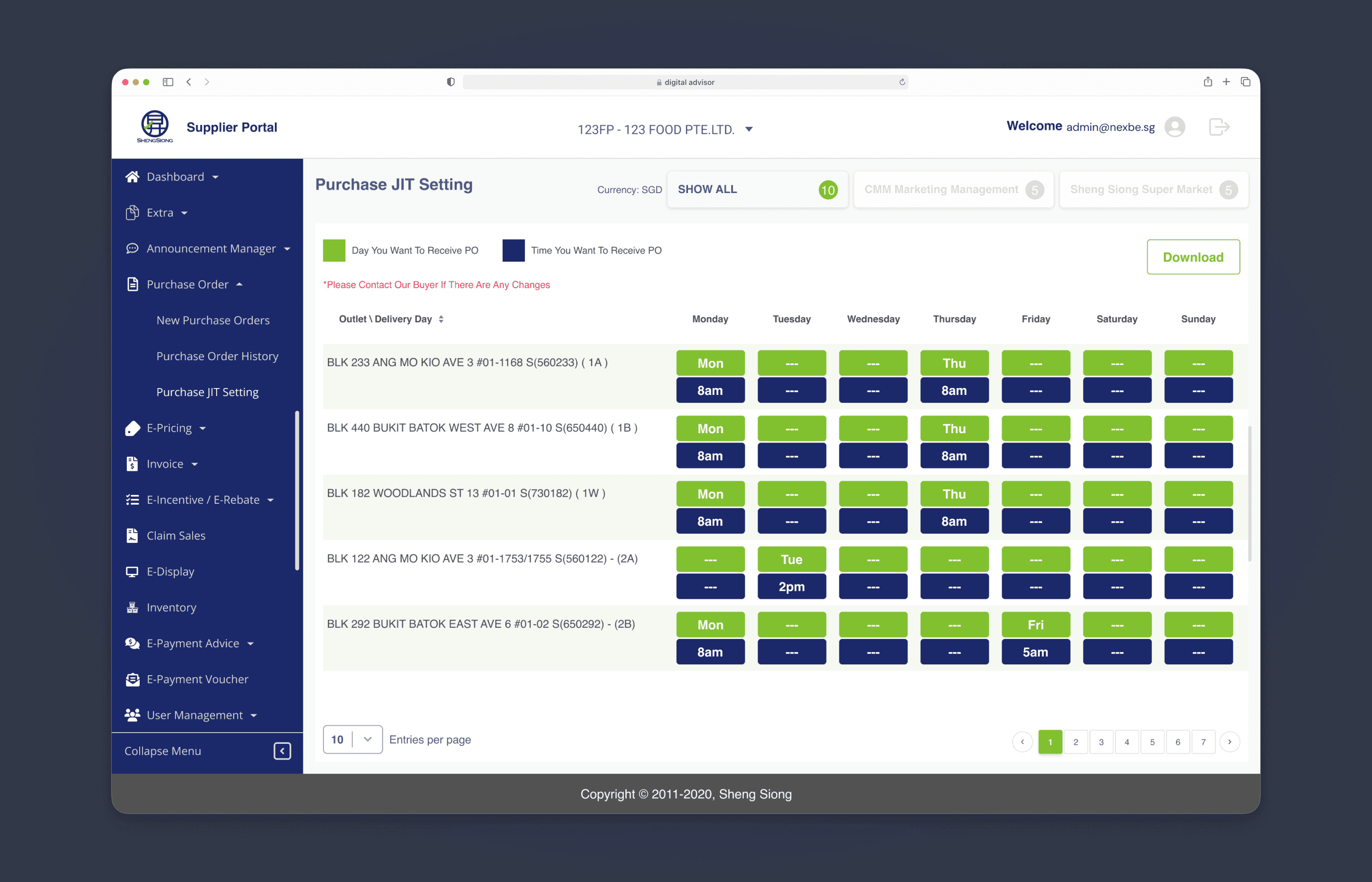 Purchase JIT setting with preferred delivery days and times per outlet