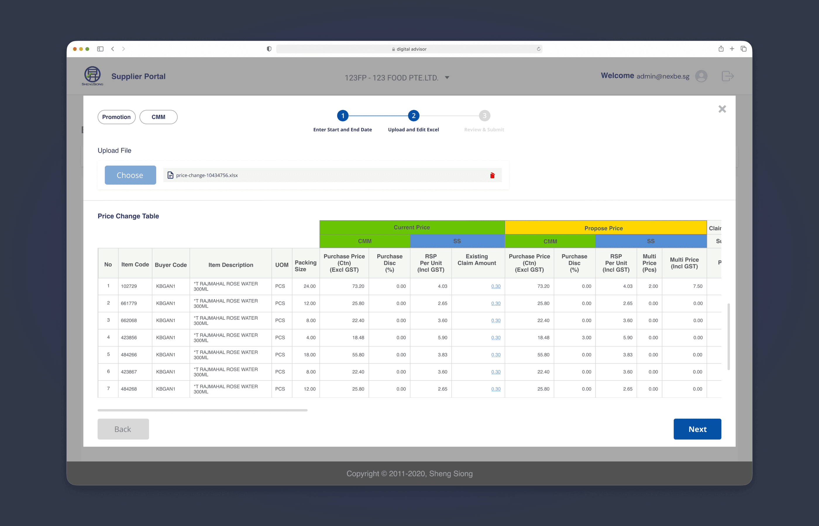 Price change submission with uploaded Excel showing current and proposed prices for review