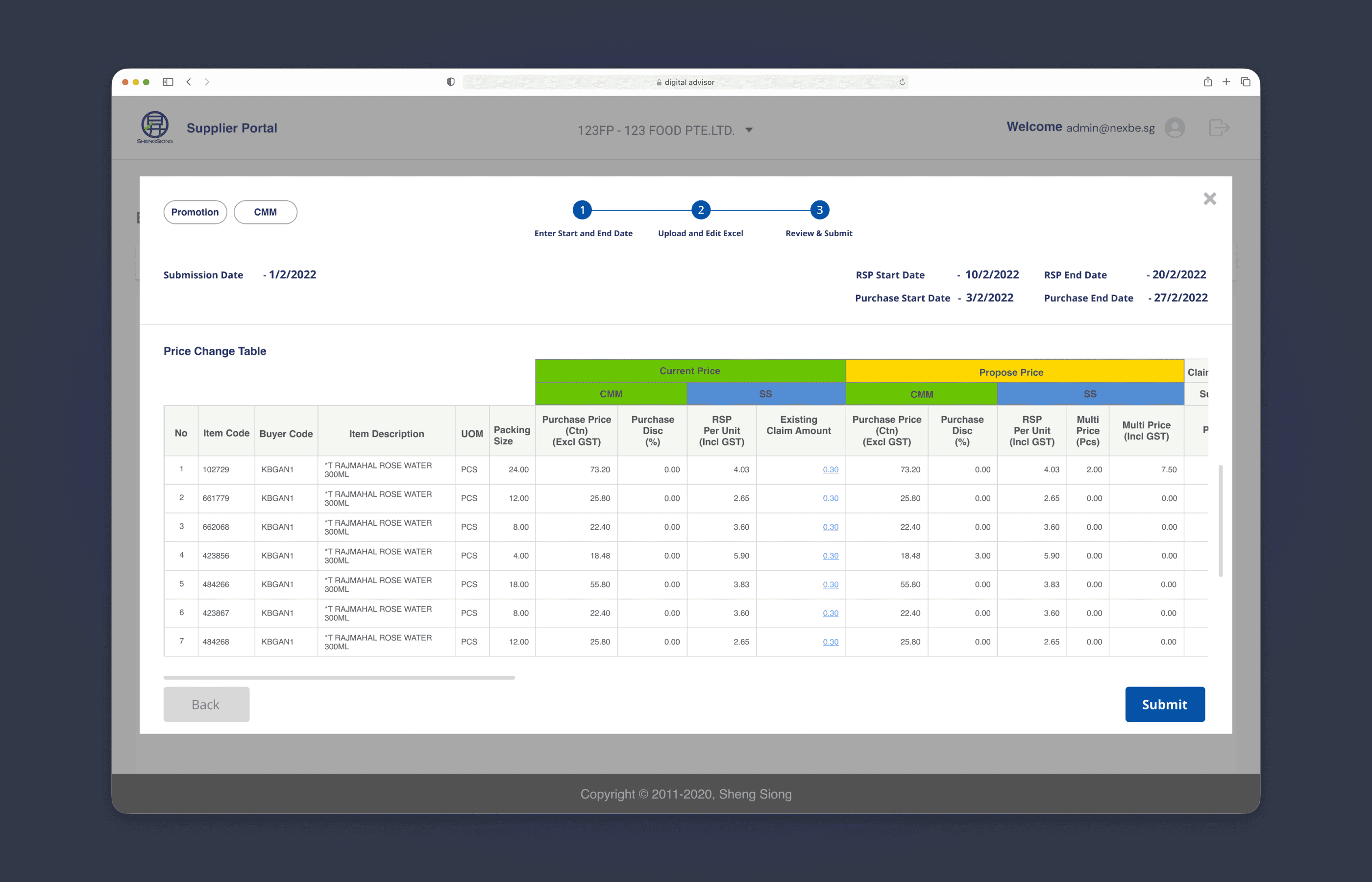 Price change final review with submission date, promotion period, and full price comparison
