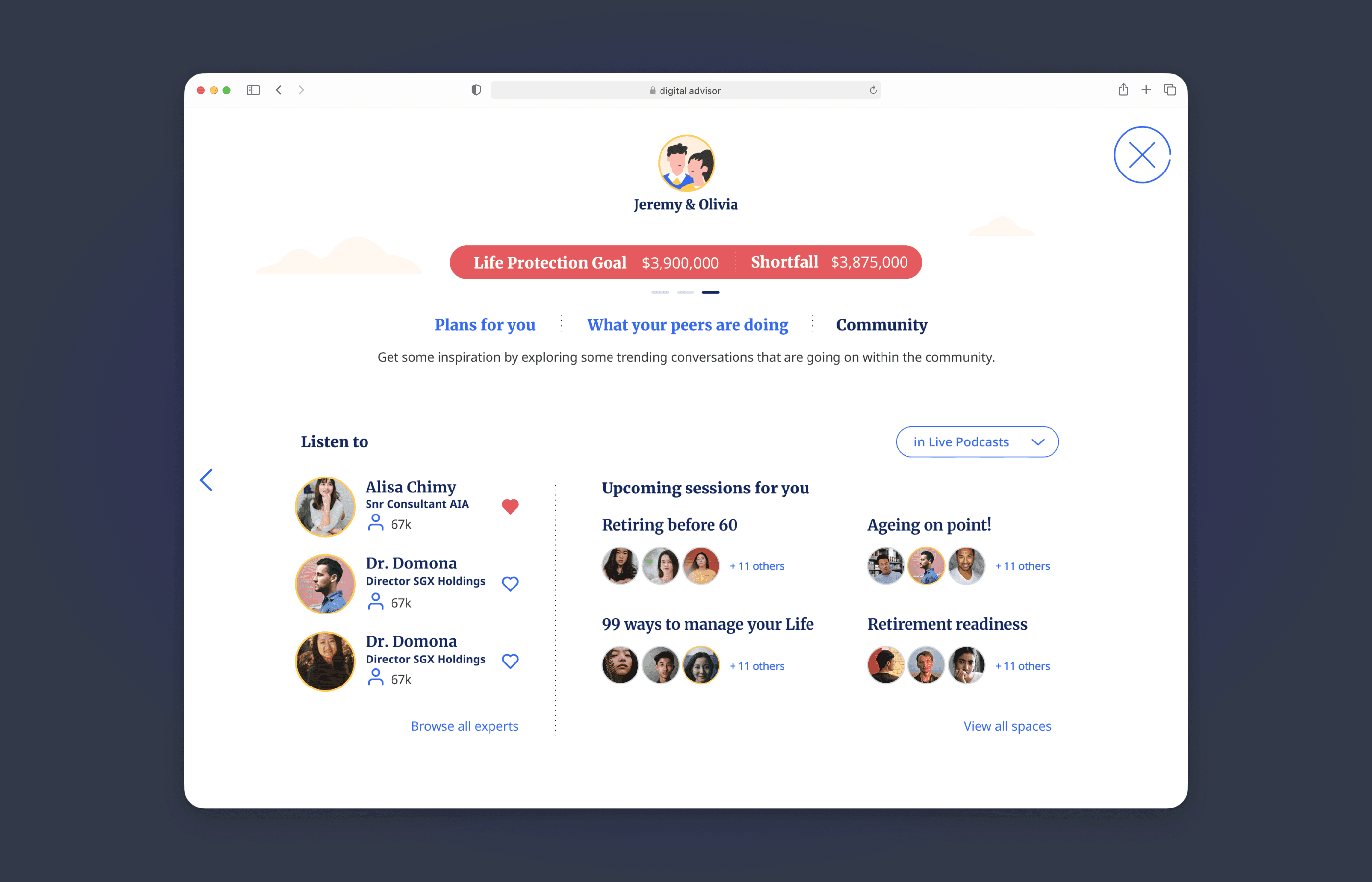 Expert sessions — live advisory and financial planning events