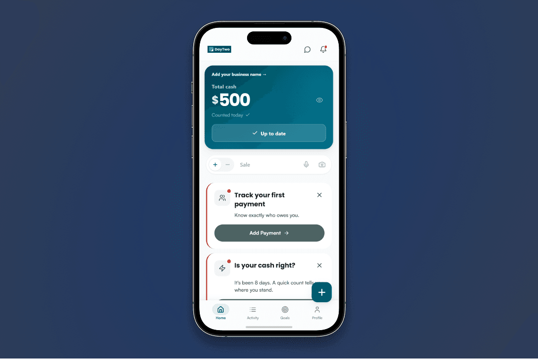 Cash dashboard with current balance, manual cash verification, and AI business insights