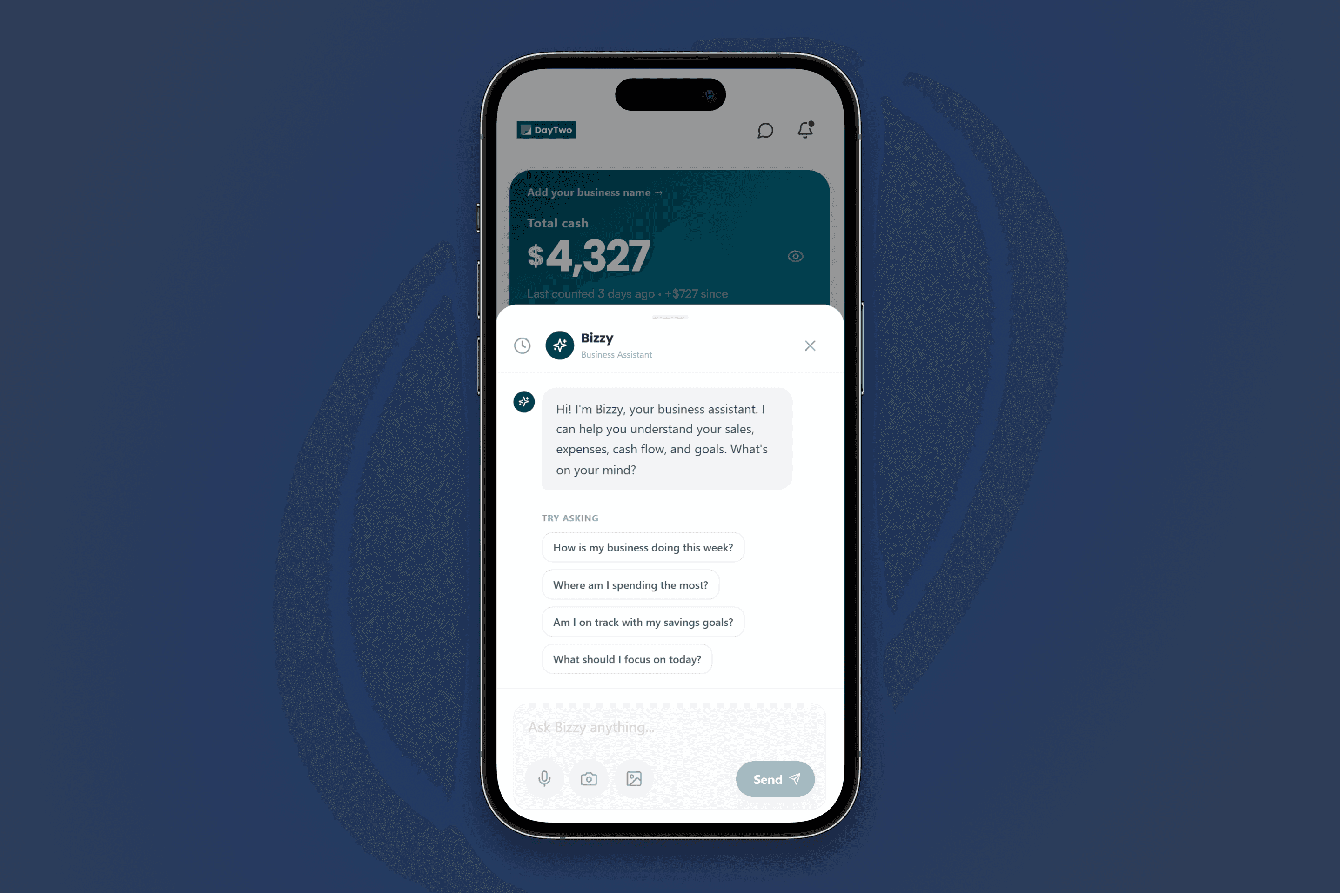AI business advisor chat with streaming responses, suggested prompts, and conversation history