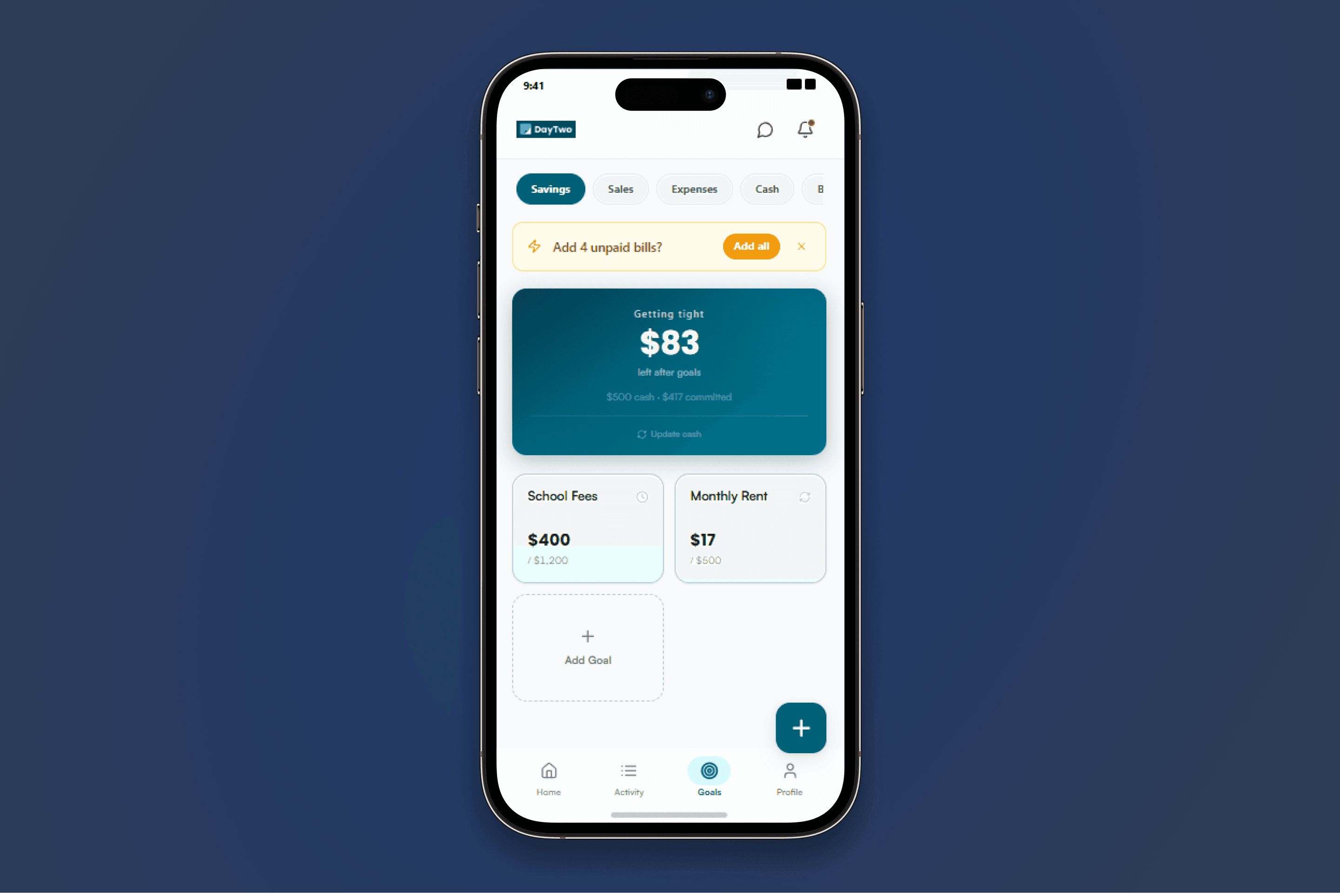 Goal tracking for savings, expenses, sales targets, and cash buffer