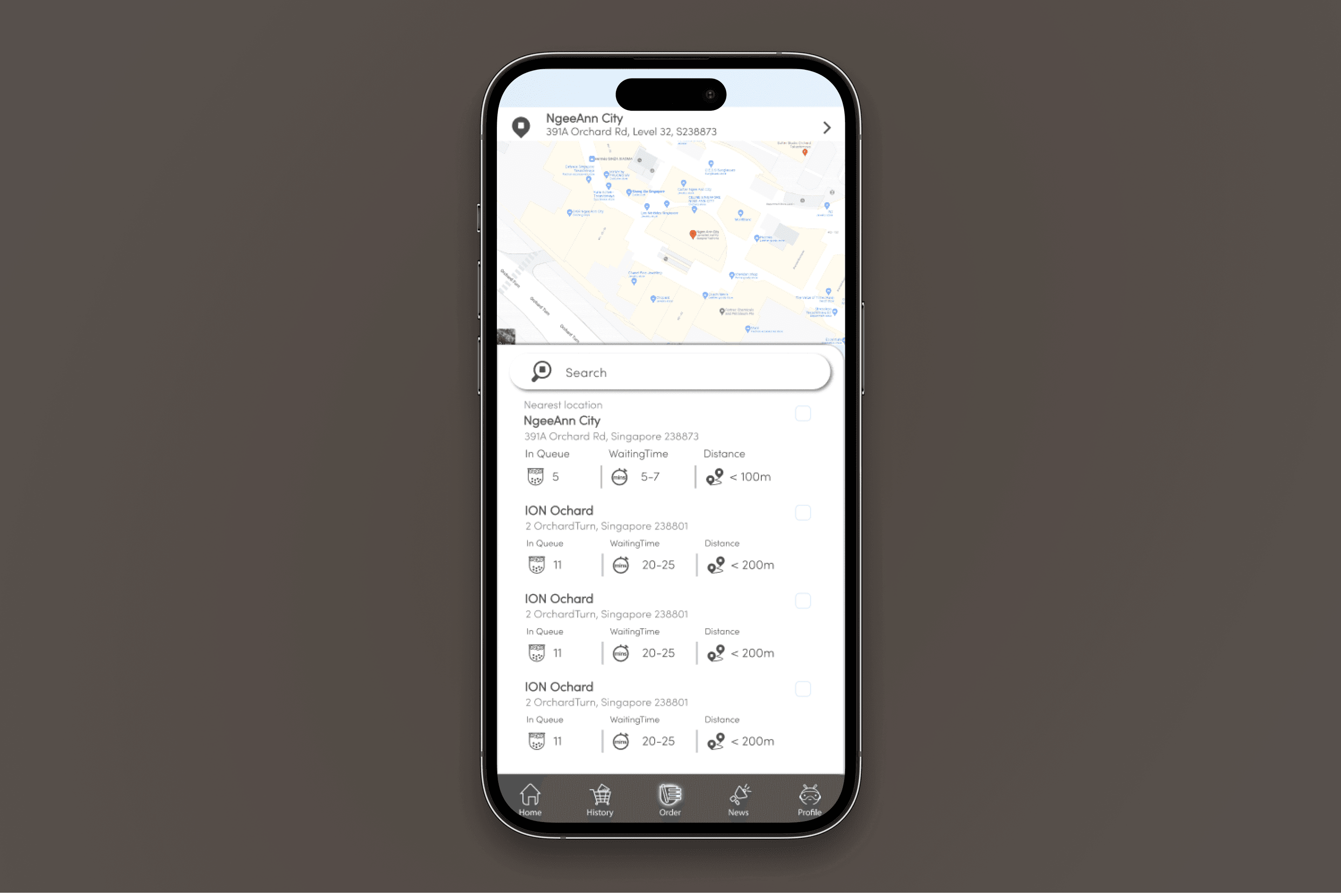 Machine discovery with live queue length, wait time, and distance
