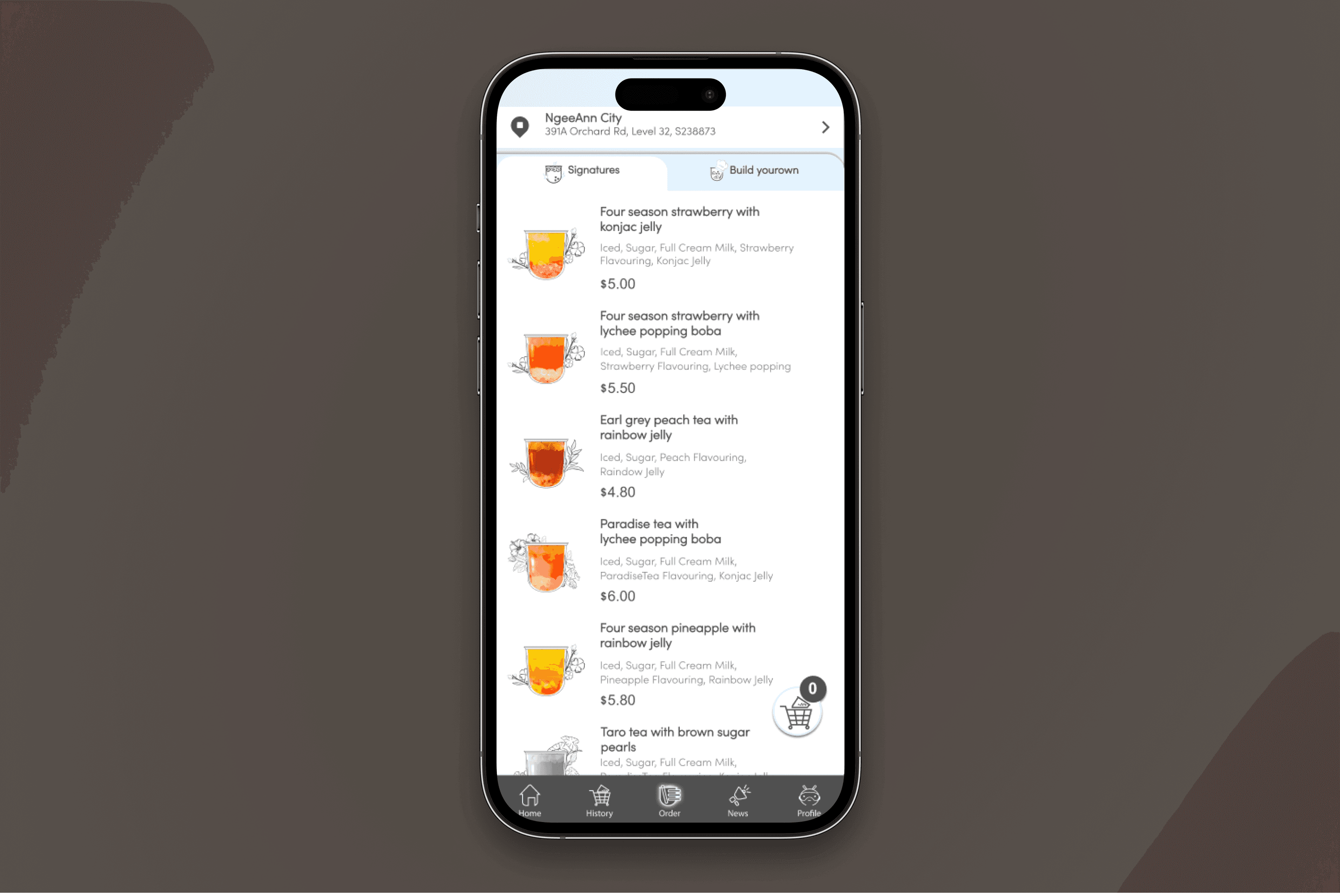 Beverage menu with signature drinks and custom build options