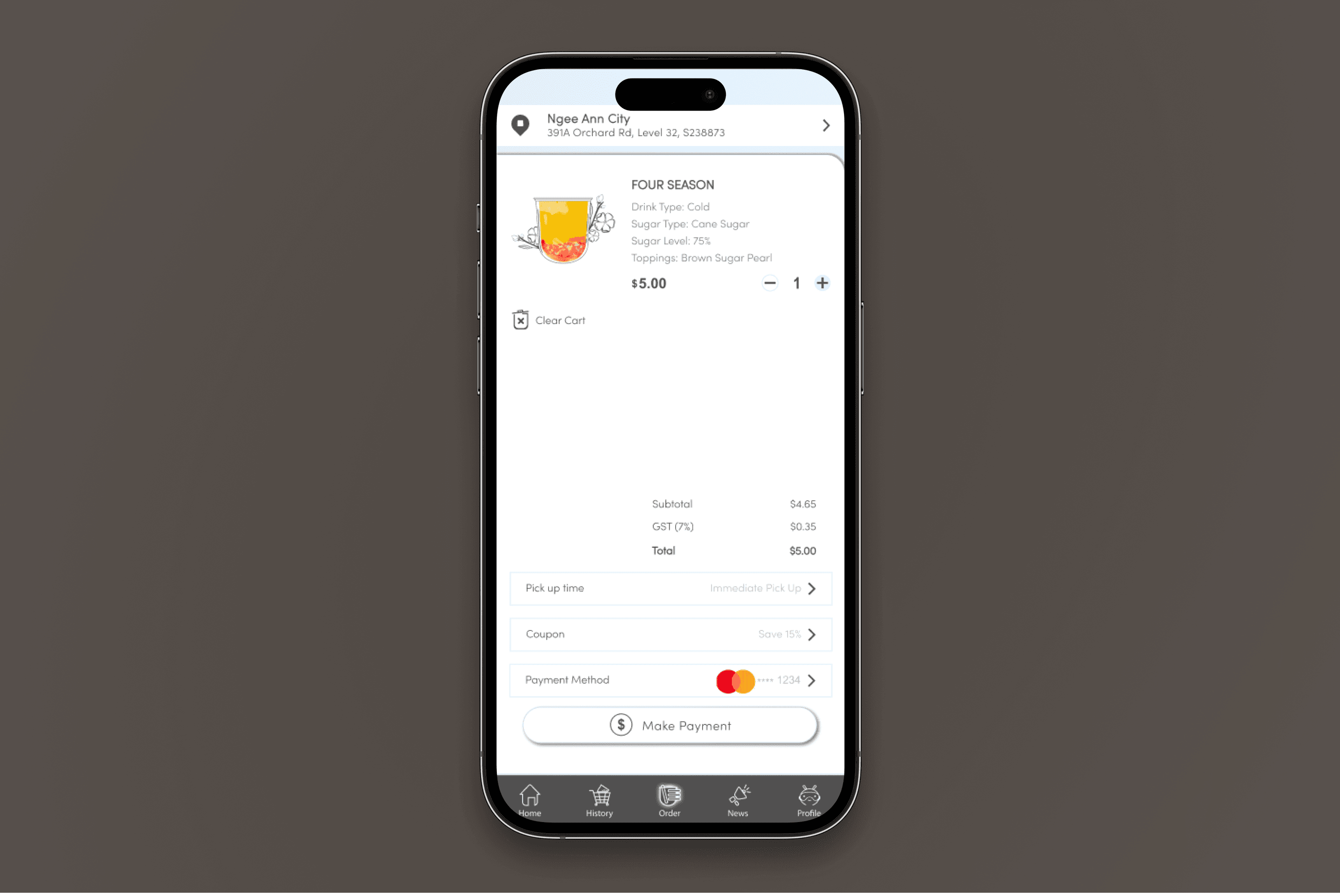 Checkout with order summary, pickup time, and Stripe payment
