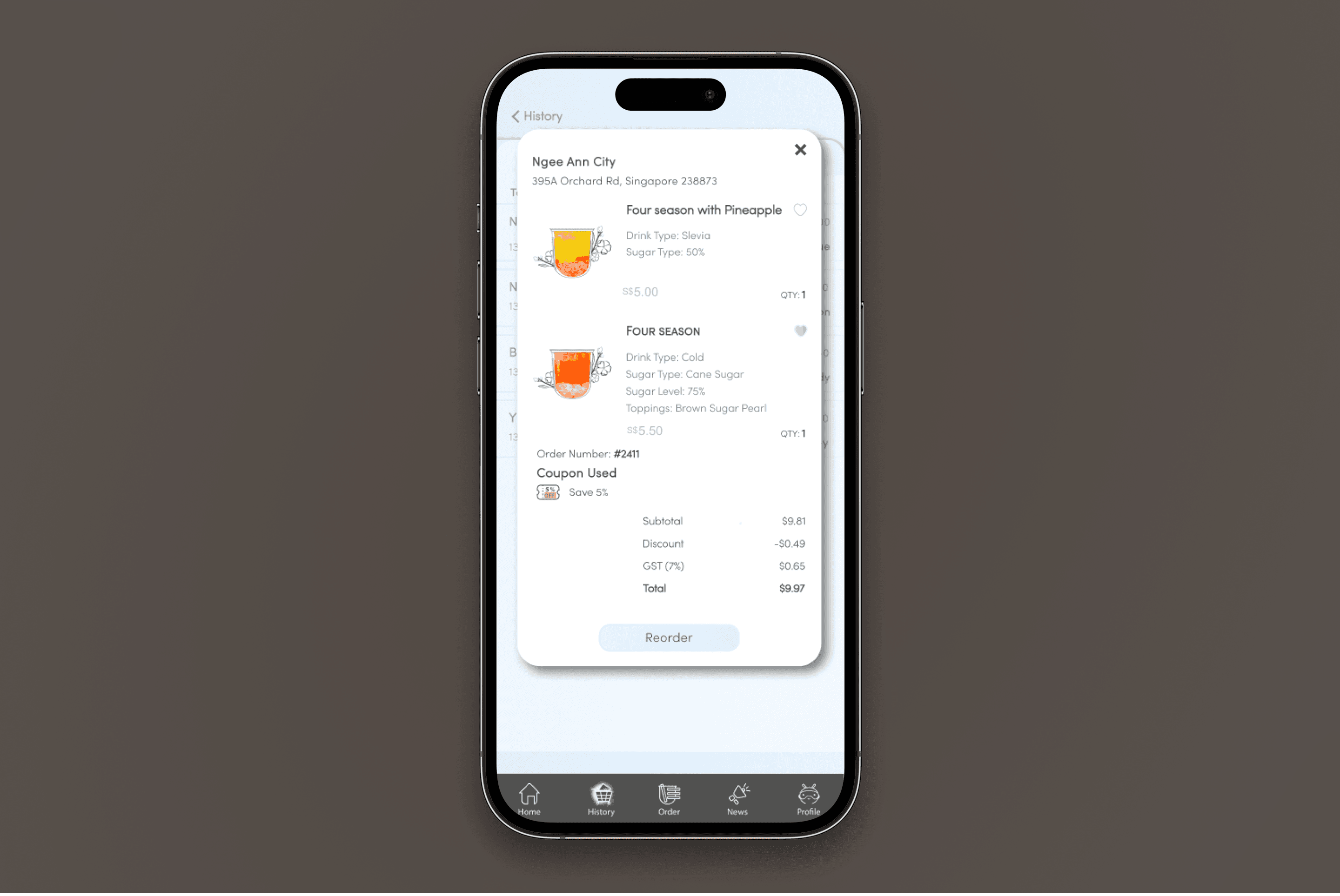 Order detail with itemized receipt, coupon applied, and reorder