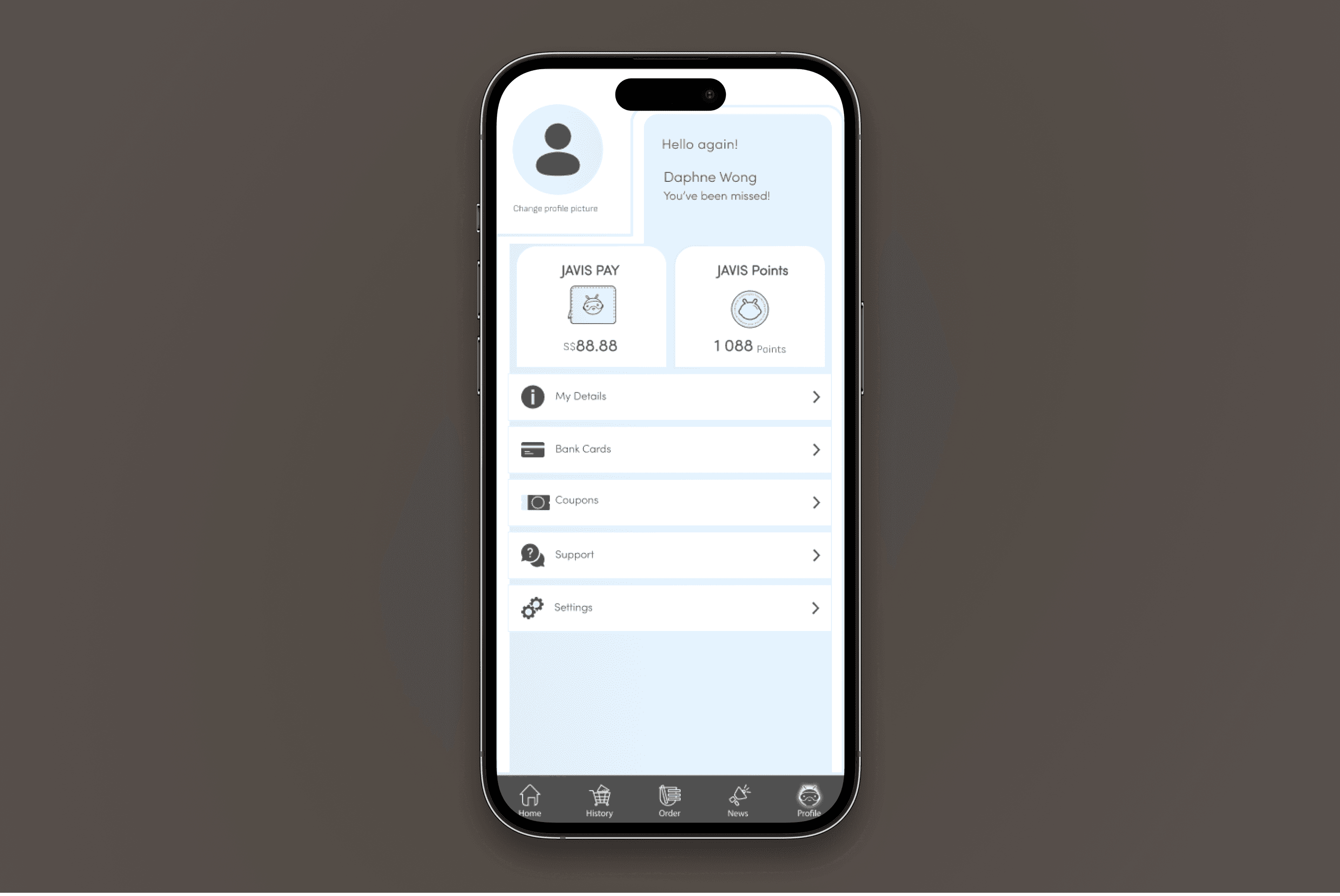 User profile with JAVIS PAY wallet and bank card management