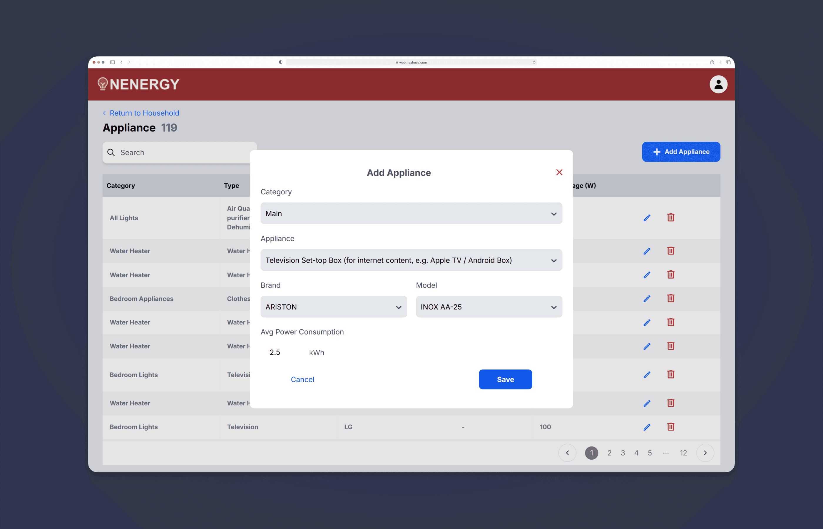 Add appliance form with category, appliance type, brand, model, and average power consumption