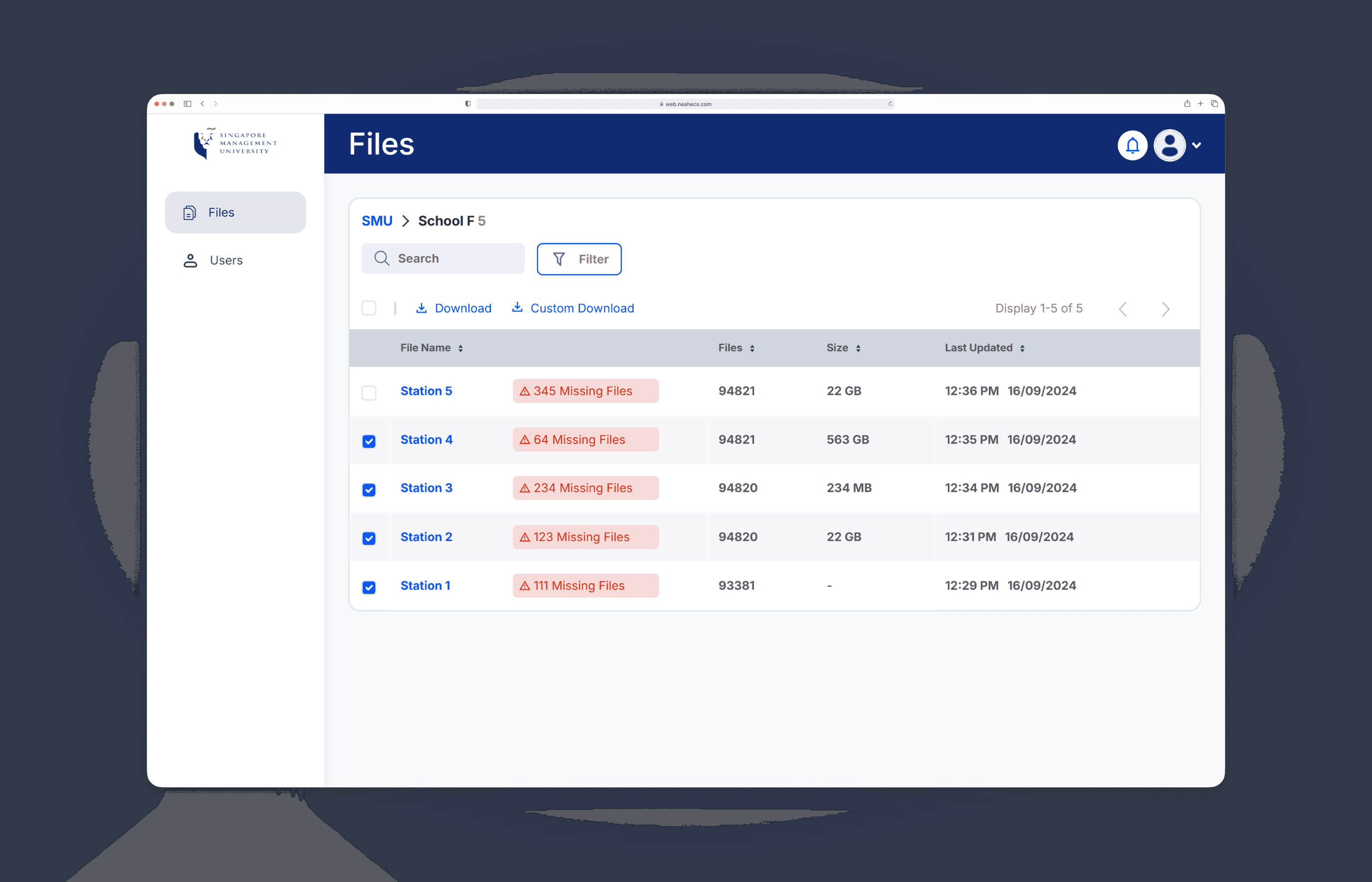 Station-level file management view showing uploaded documents and missing file checks