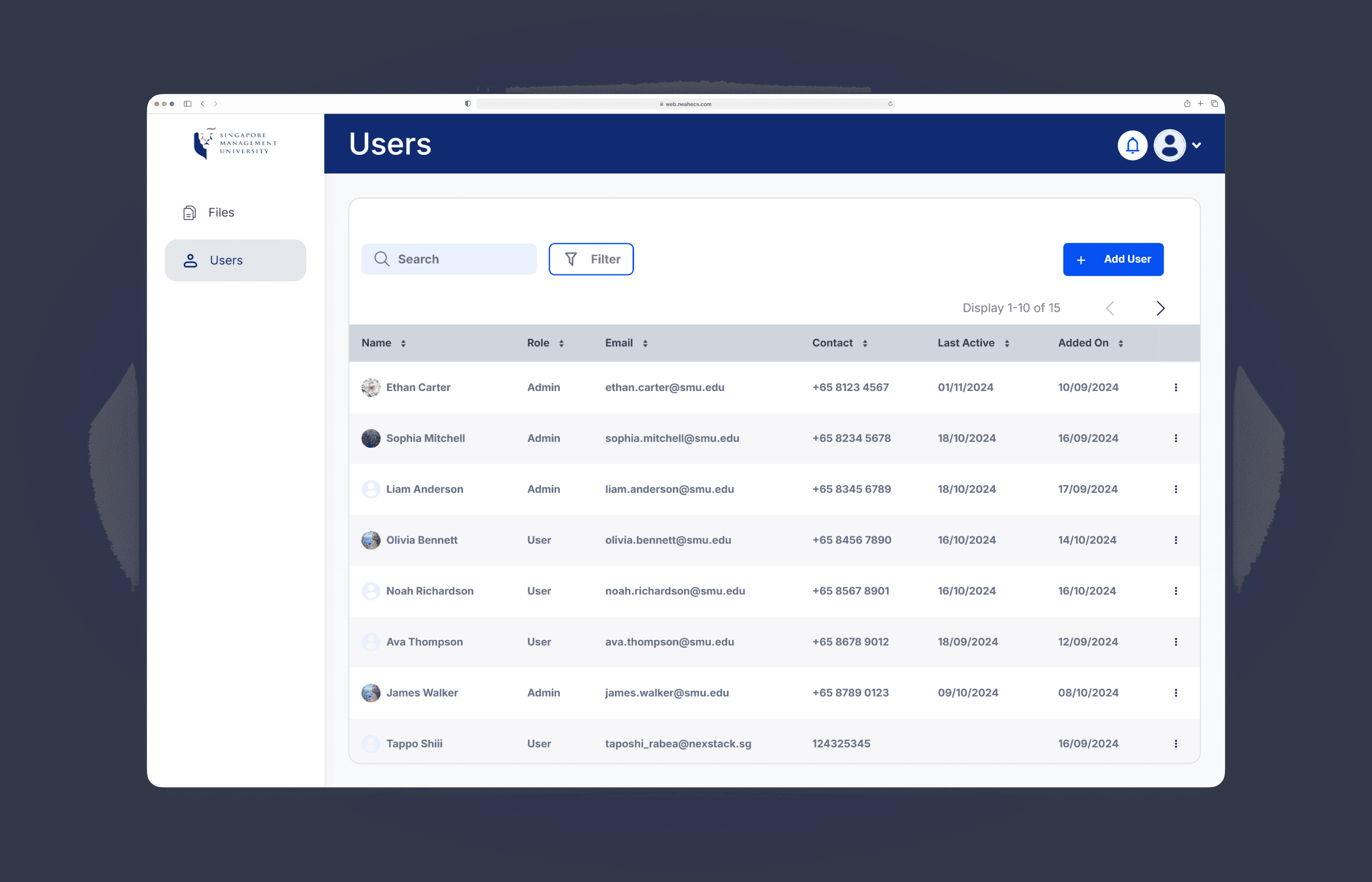 User management page with account roles, email addresses, and contact information