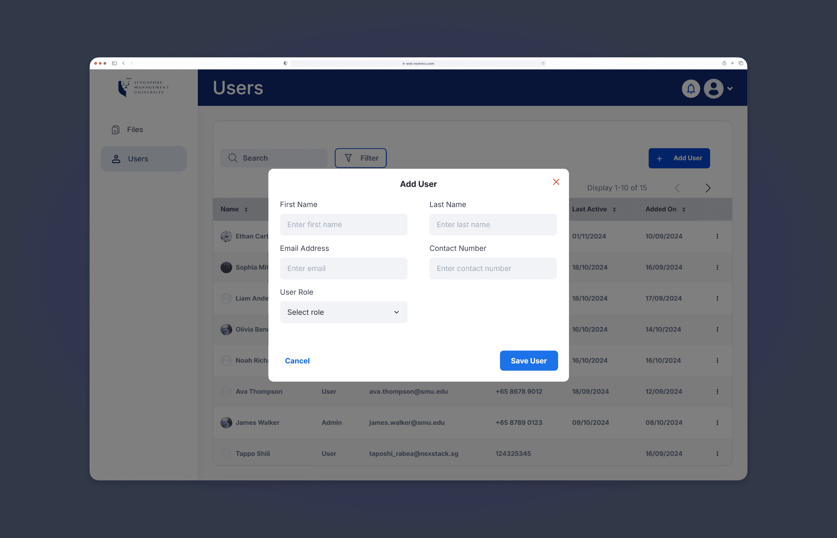 User creation form with role assignment and account details