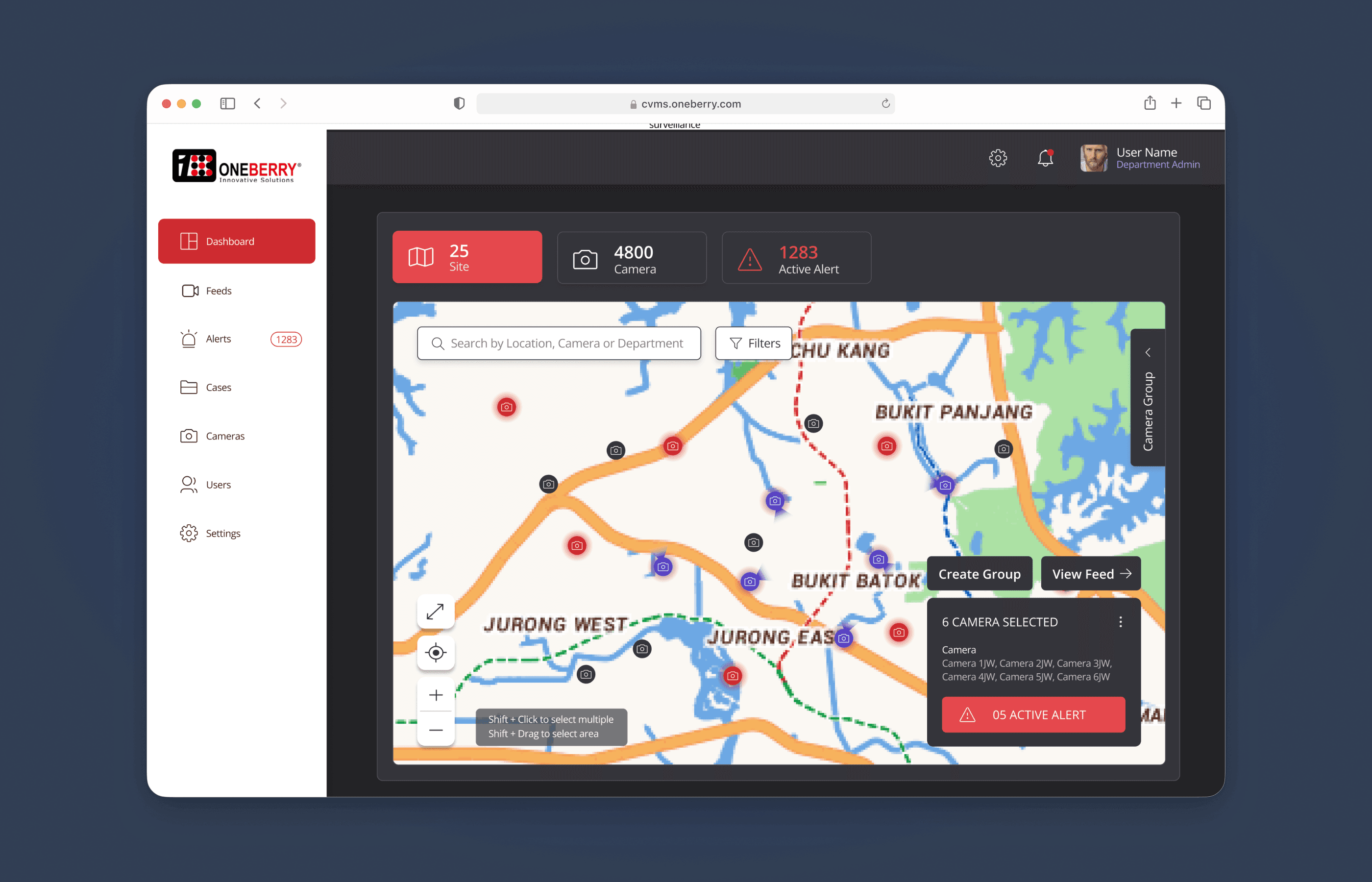 Camera map — geospatial camera monitoring with live alert visibility across zones