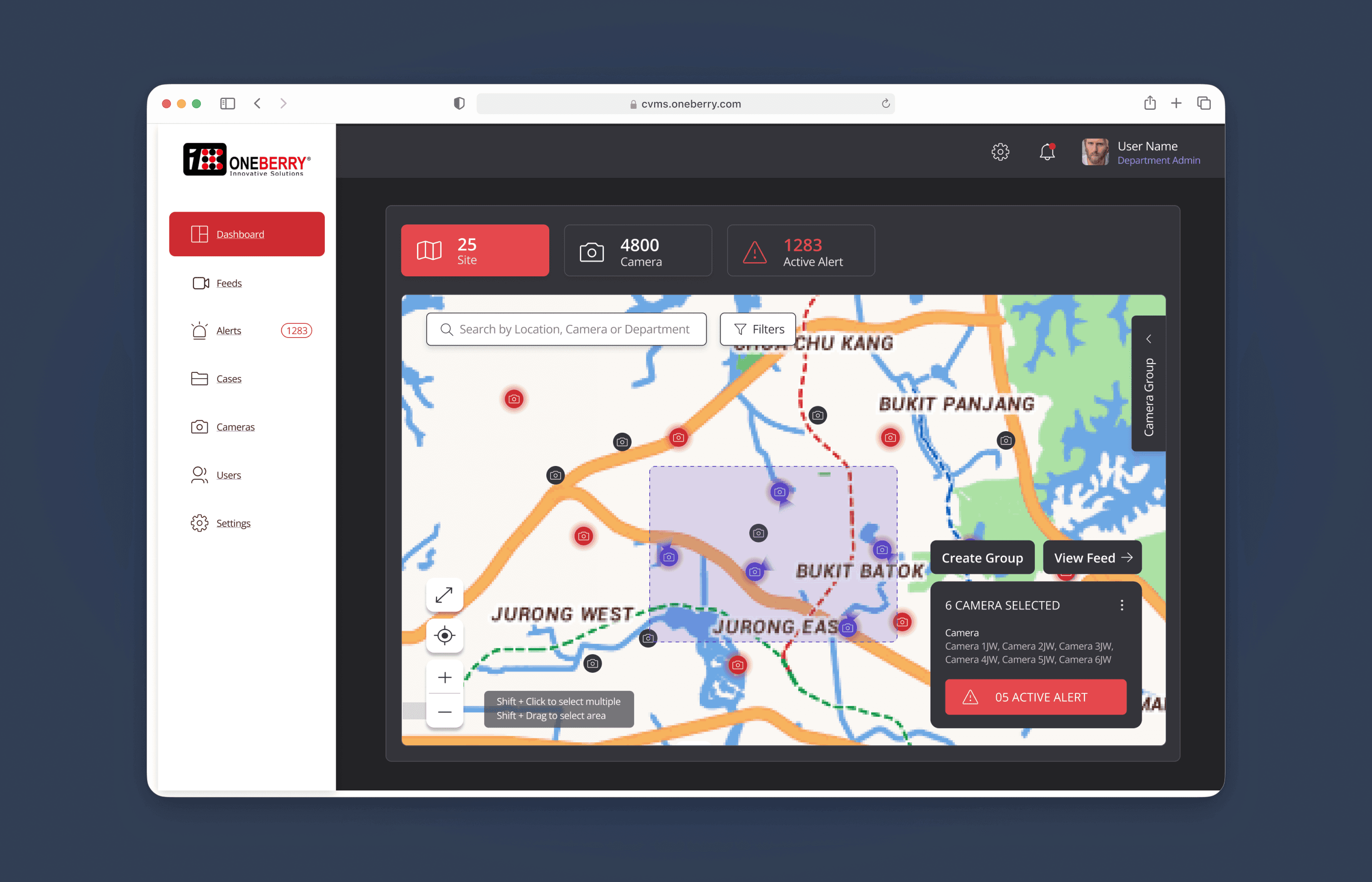 Zone selection — drag-to-select cameras by area for rapid group assignment