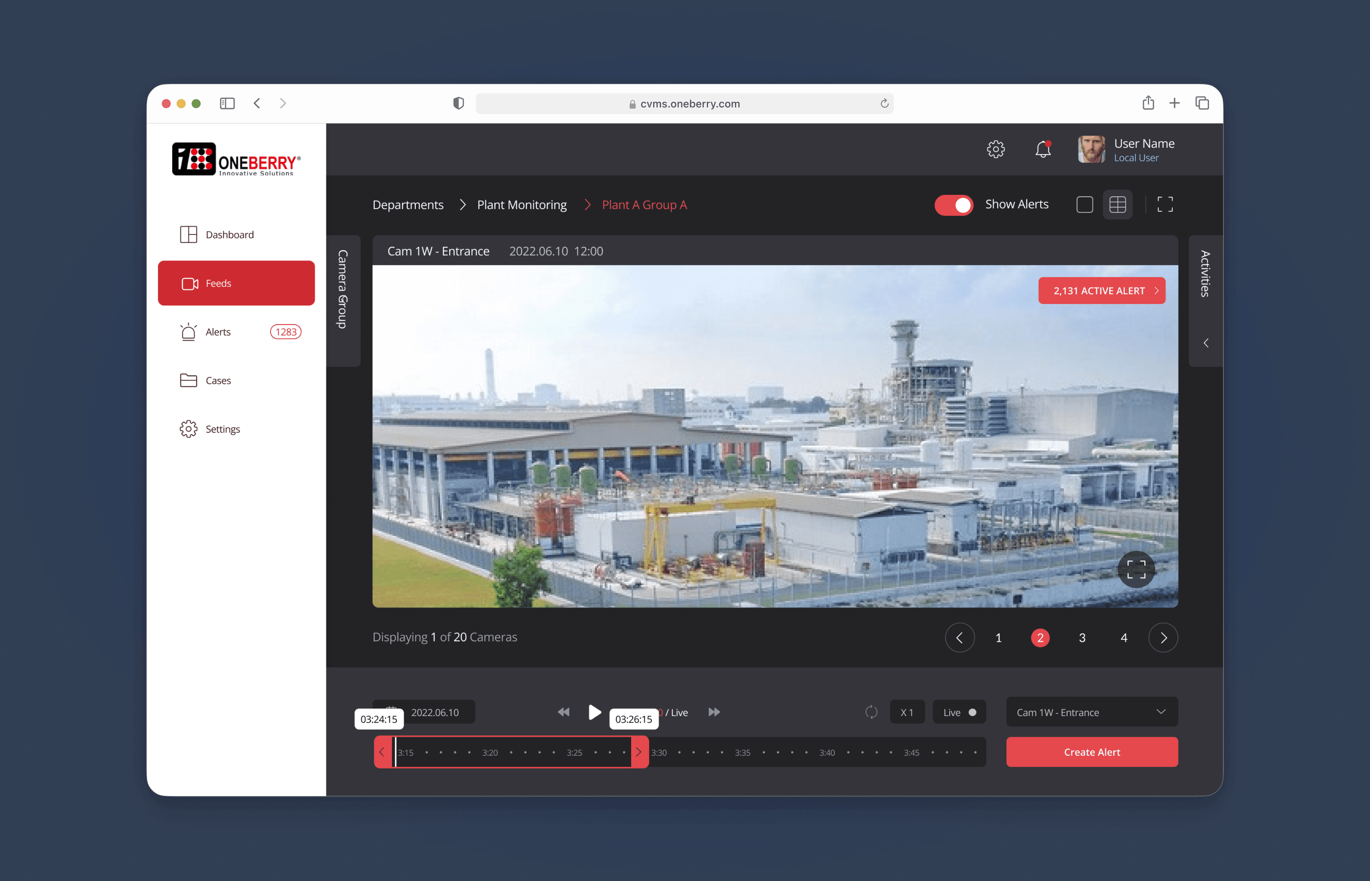 Incident review — full feed playback with timeline navigation and evidence clip creation