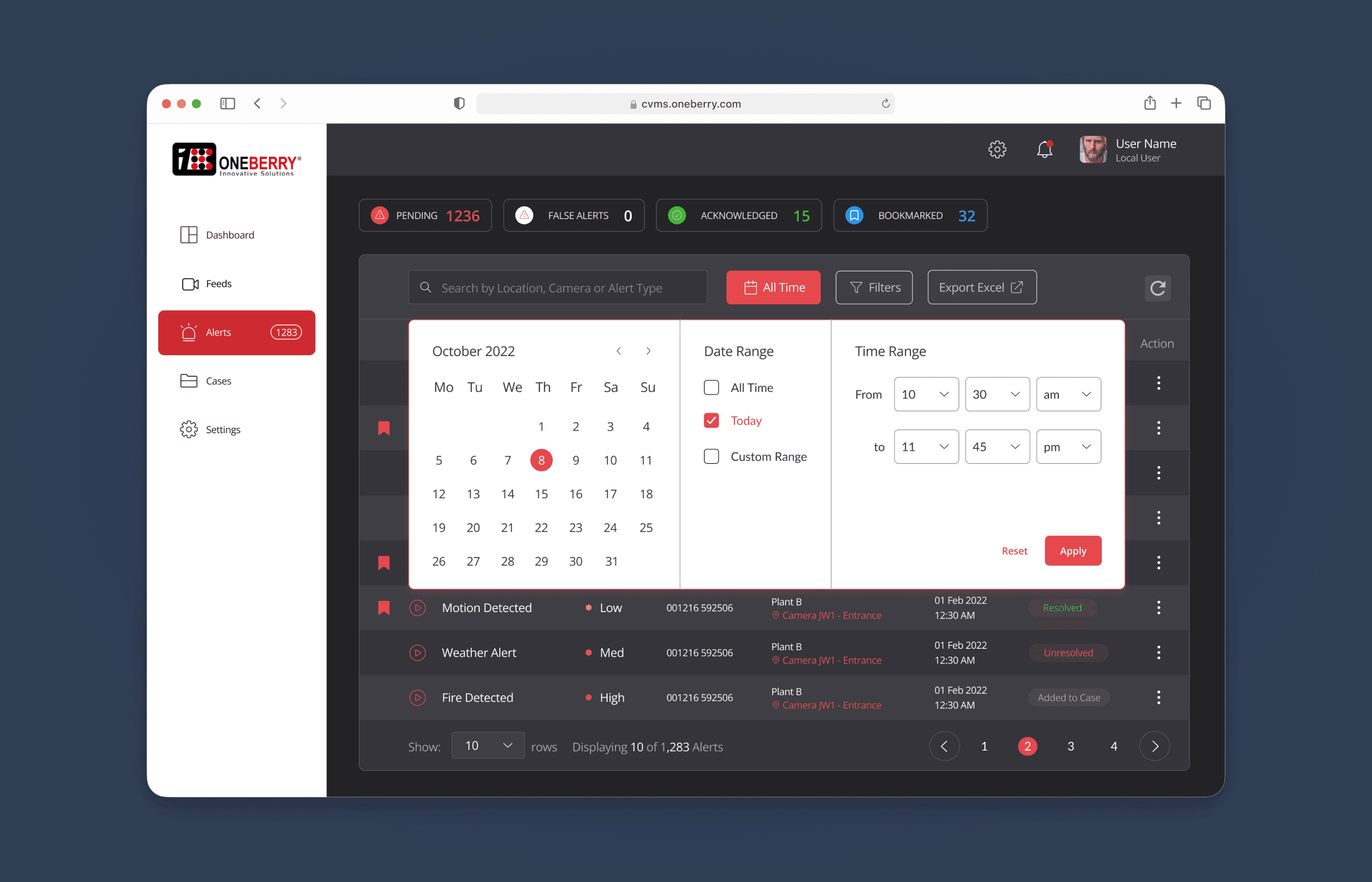 Alert management — prioritized incident log with severity filtering and audit export