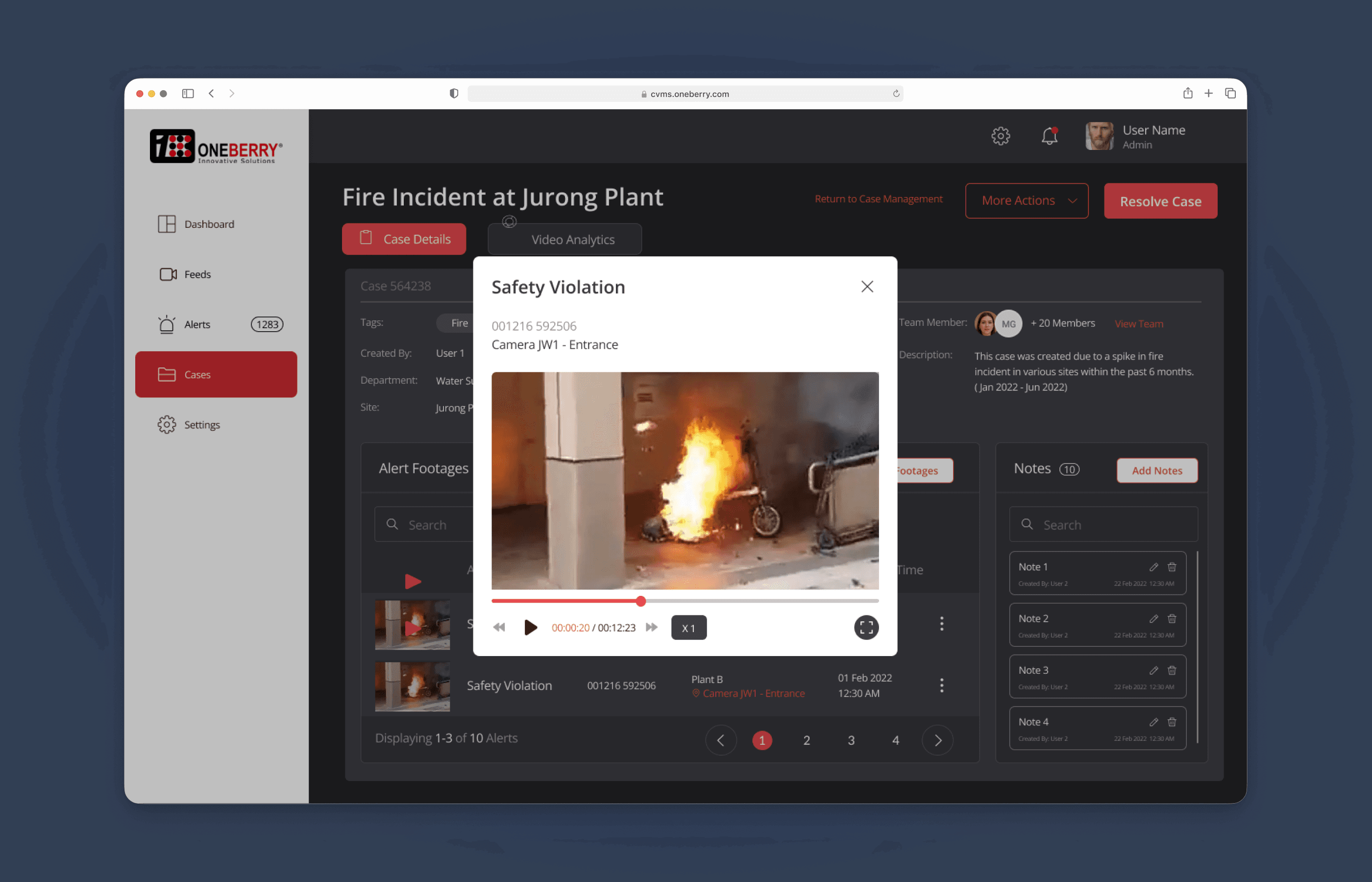 Case management — structured incident workspace linking evidence footage and team notes