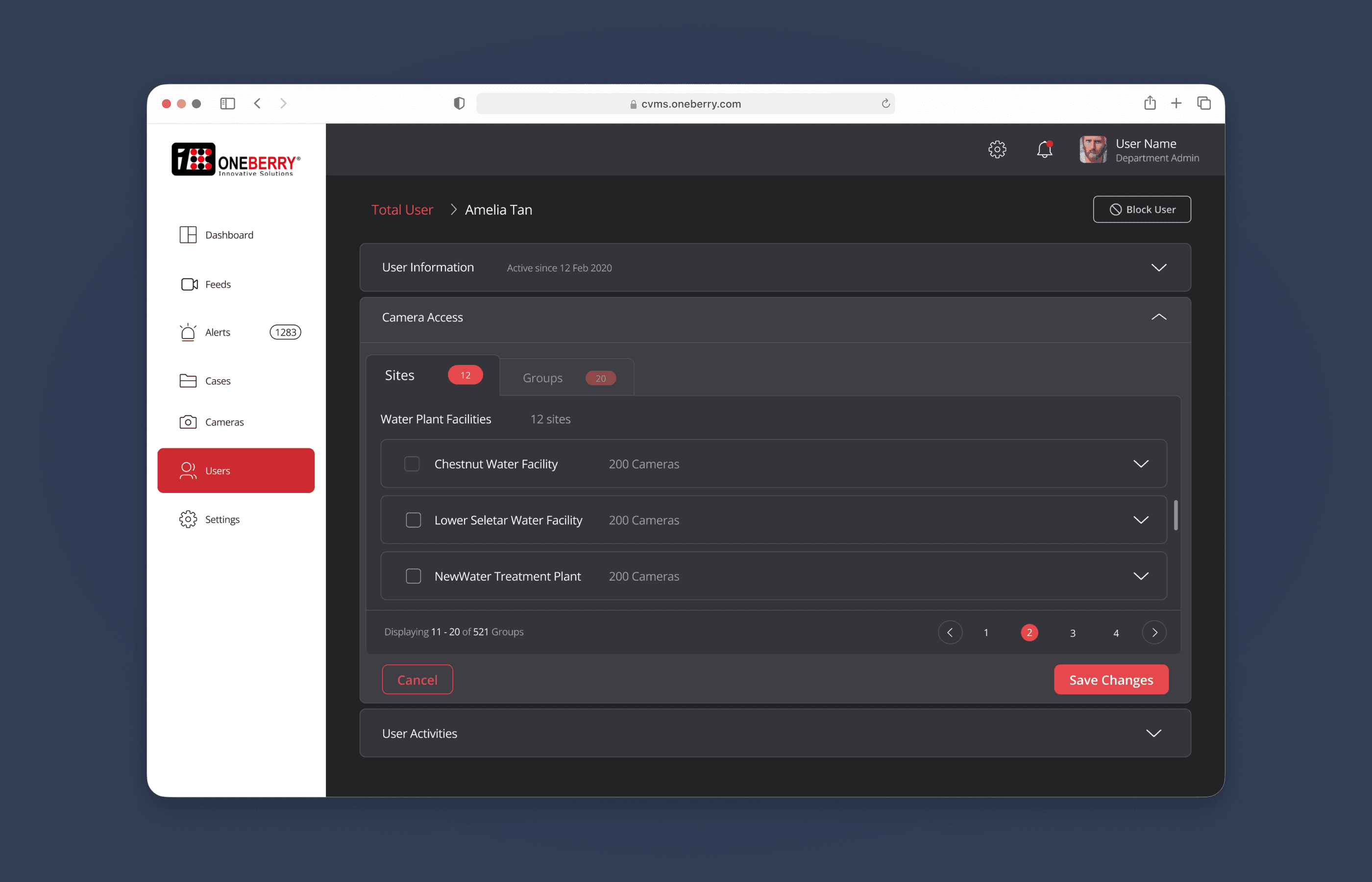 Access control — role-based camera permissions scoped per agency and site